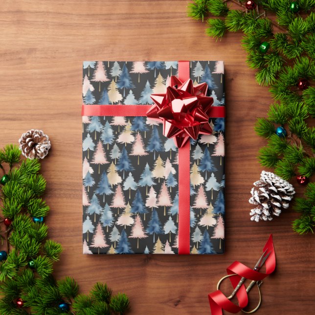 Papel De Presente Elegante padrão de árvores de Natal em pêssego e p (Presente de Natal)