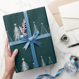 Papel De Presente Elegante padrão de árvores de Natal verde escuro b