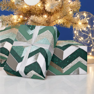 Papel De Presente Elegante padrão de chevron prateado metálico verde