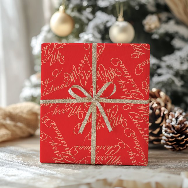 Papel De Presente Elegante padrão de Feliz Natal em Script / Vermelh (Criador carregado)