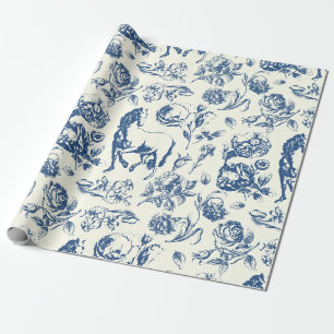 Papel De Presente Elegante padrão floral de toile azul vintage com c