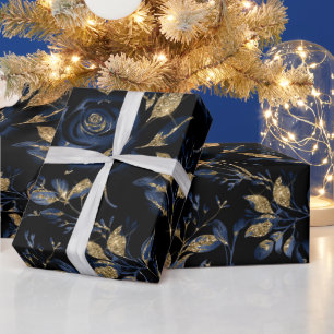 Papel De Presente Elegante padrão floral em azul marinho e dourado