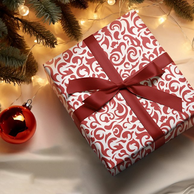 Papel De Presente Elegante padrão floral em Damasco vermelho escuro  (Criador carregado)