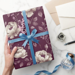 Papel De Presente Elegante Padrão Floral Rosa Marfim Ameixa