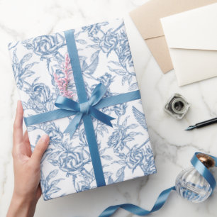 Papel De Presente Elegante padrão floral Toile de Jouy azul francês
