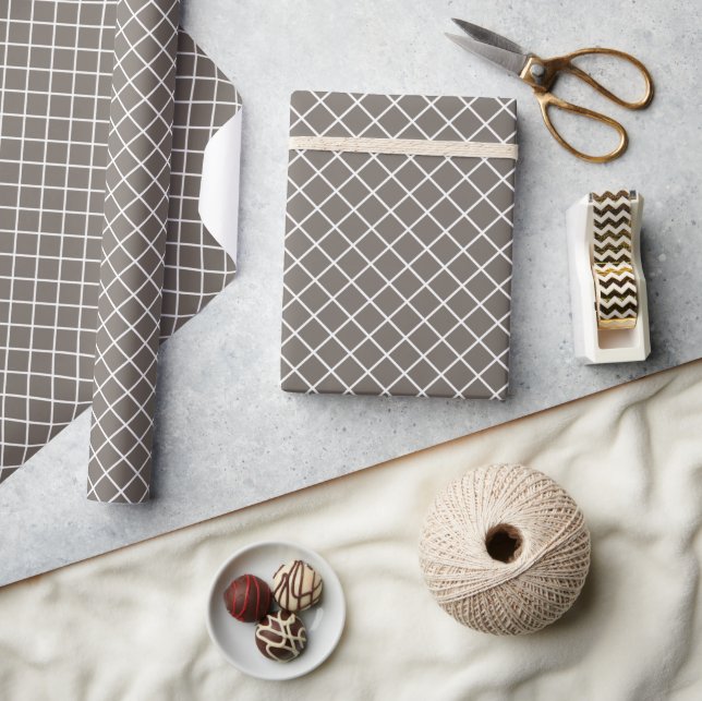 Papel De Presente Elegante padrão xadrez cinza marrom bege branco (Artesanato)