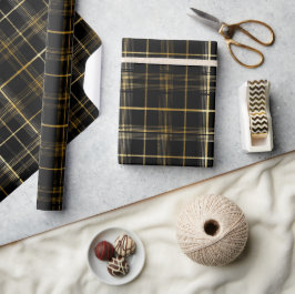 Papel De Presente Elegante padrão xadrez ônix preto luxuoso dourado