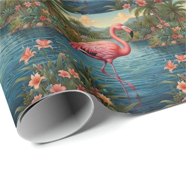 Papel De Presente Elegante paraíso tropical rosa flamingo (Ponta do rolo)