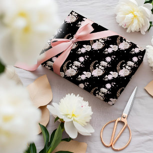 Papel De Presente Elegante Peônia Floral Preta Lua e Estrelas Celest