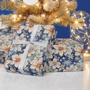 Papel De Presente Elegante Poinsettia e Neve em Aquarela de Inverno