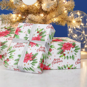 Papel De Presente Elegante Poinsettia em Aquarela Feliz Natal