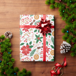 Papel De Presente Elegante Poinsettia Vermelha Fruta de Inverno Nata