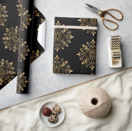 Papel De Presente Elegante Preto Damasco Metálico Dourado Natal