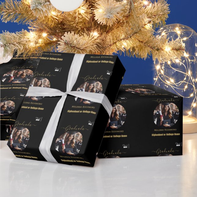 Papel De Presente Elegante preto e ouro Foto em espanhol formada (Feriados)
