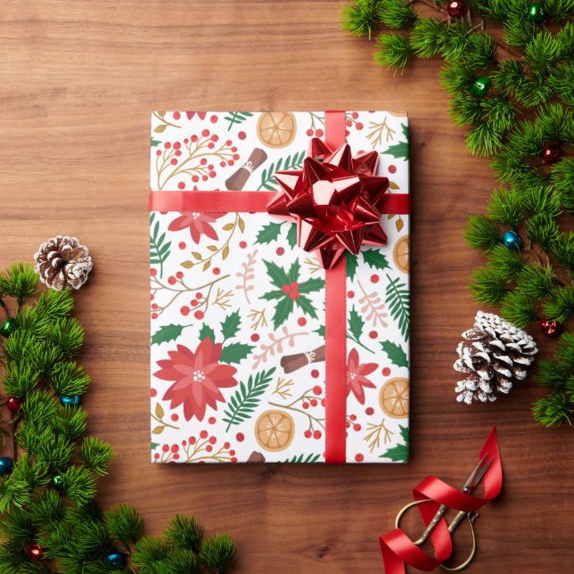 Papel De Presente Elegante Red Poinsettia Winter Berry Christmas (Presente de Natal)