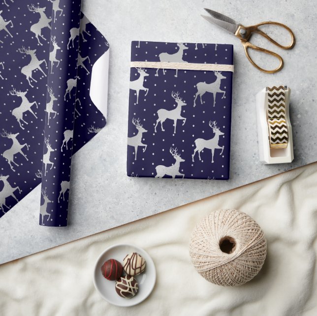 Papel De Presente Elegante Rena de Natal em Azul e Prata com Folha d (Artesanato)