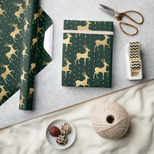 Papel De Presente Elegante Rena de Natal em Verde e Dourado com Folh