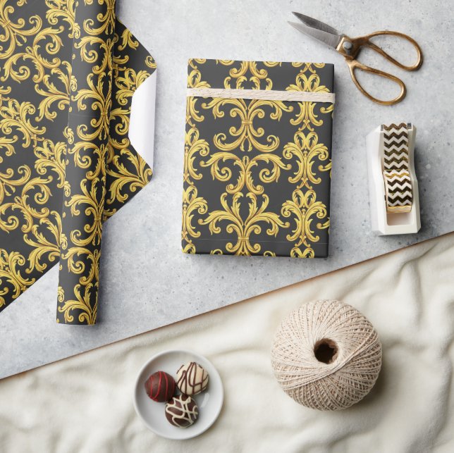 Papel De Presente Elegante Renascimento Rococó Dourado e Barroco em  (Artesanato)