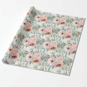 Papel De Presente Elegante Rosa Bege Flora Folhagem Verde Sage