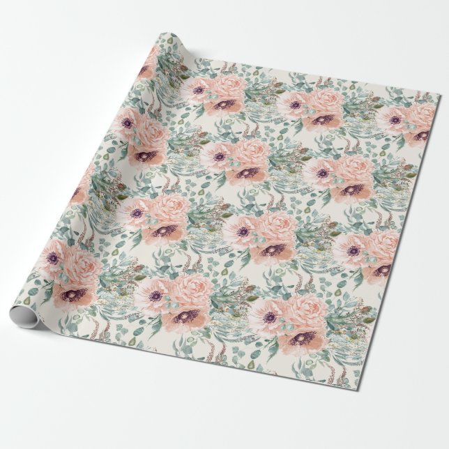 Papel De Presente Elegante Rosa Bege Flora Folhagem Verde Sage (Desenrolado)