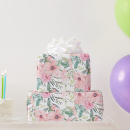 Papel De Presente Elegante Rosa Bege Floral Aquarela Folhas Branco