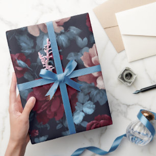 Papel De Presente Elegante Rosa Borgonha Azul Padrão Floral