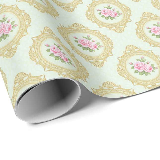 Papel De Presente Elegante Rosa e Moldura Dourada  (Ponta do rolo)