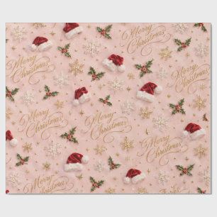 Papel De Presente Elegante Rosa Feliz Natal Chapéu de Papai Noel Emb