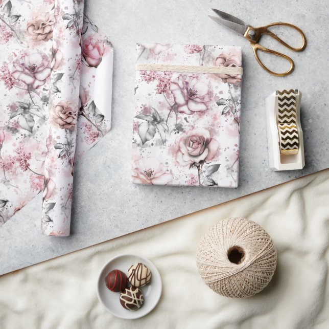 Papel De Presente Elegante Rosa Floral Rosa (Artesanato)