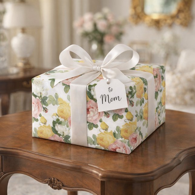 Papel De Presente Elegante Rosa Floral Vintage Casamento Brilhante  (Romantic rose‑cluster wrapping paper for elegant, heartfelt gifting)