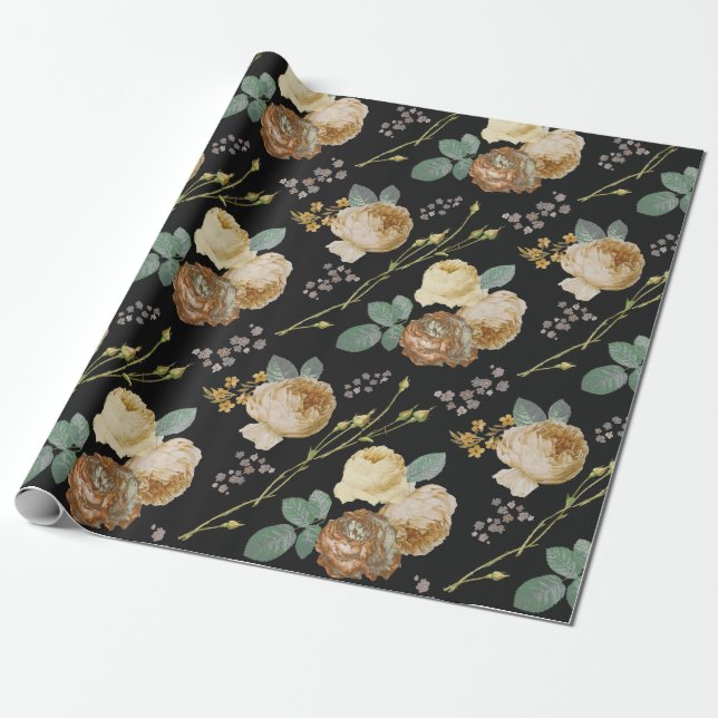 Papel De Presente Elegante Rosas de bege chic em preto (Desenrolado)