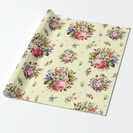 Papel De Presente Elegante Rosas Vintage Padrão Floral em Creme