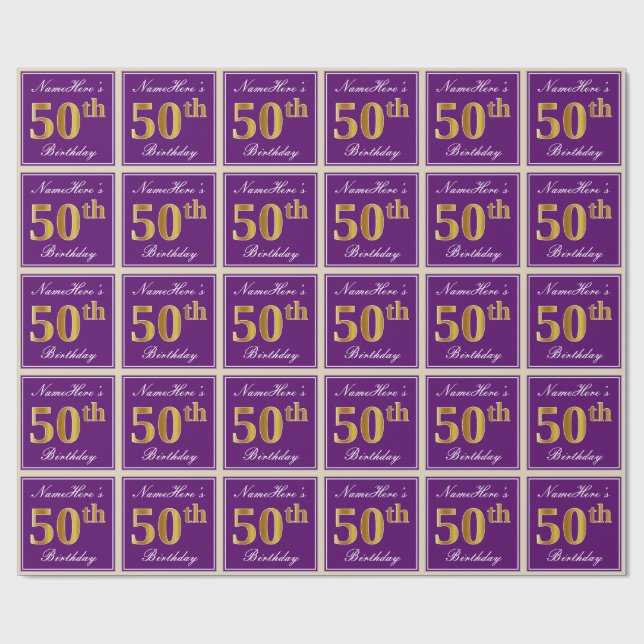 Papel De Presente Elegante, Roxo, Dourado Falso Aniversário de 50 an (Aberto)