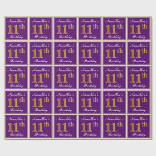 Papel De Presente Elegante, Roxo, Faux Dourado 11 Aniversário + Nome