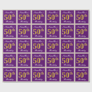 Papel De Presente Elegante, Roxo, Faux Dourado 50º Aniversário + Nom