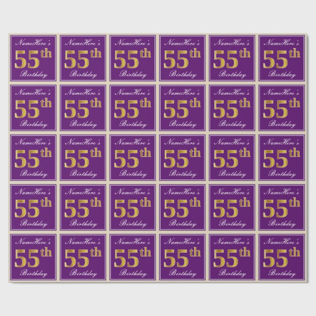 Papel De Presente Elegante, Roxo, Faux Dourado 55.º Aniversário + No (Aberto)