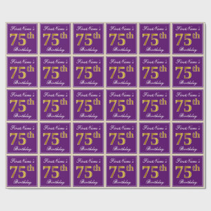 Papel De Presente Elegante, Roxo, Faux Dourado 75º Aniversário + Nom