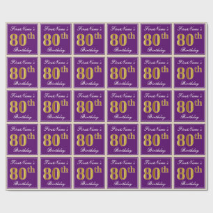Papel De Presente Elegante, Roxo, Faux Dourado 80 Aniversário + Nome