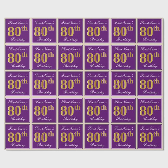 Papel De Presente Elegante, Roxo, Faux Dourado 80 Aniversário + Nome (Aberto)