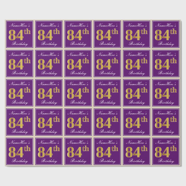 Papel De Presente Elegante, Roxo, Faux Dourado 84º Aniversário + Nom (Aberto)
