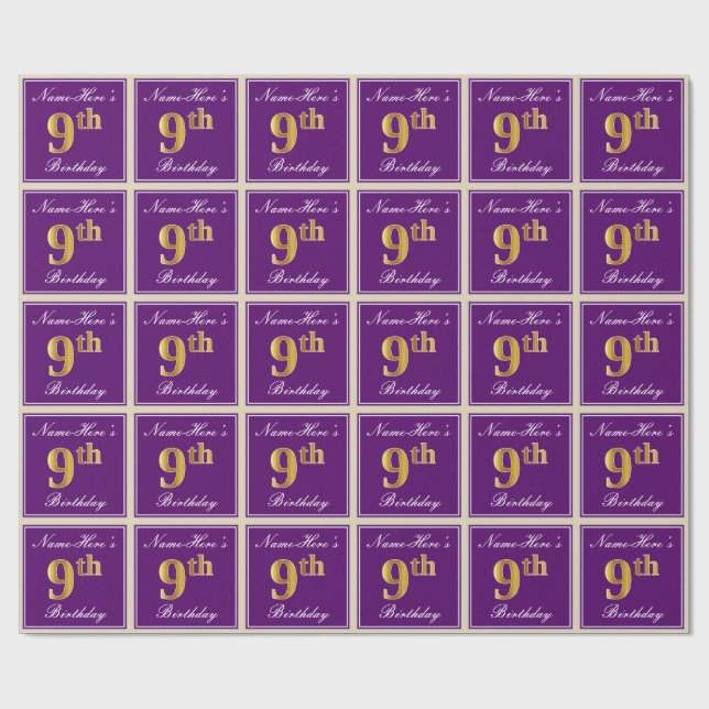 Papel De Presente Elegante, Roxo, Faux Dourado 9º Aniversário + Nome (Aberto)