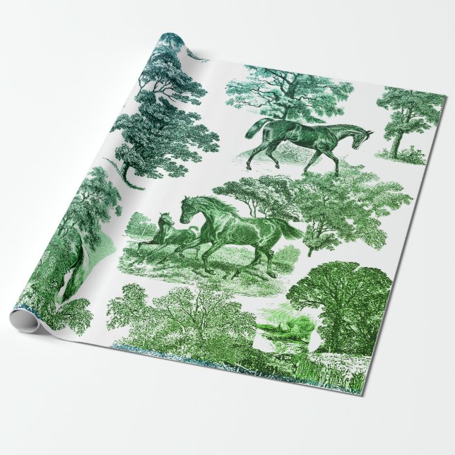 Papel De Presente Elegante Russo Cavalos Azuis Toile Verde (Desenrolado)
