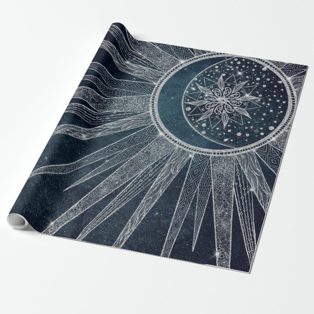 Papel De Presente Elegante Sun Moon Doodle Mandala Blue Design (Desenrolado)