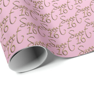 Papel De Presente Elegante Sweet 16 em rosa e Dourado