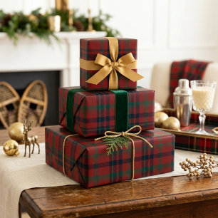 Papel De Presente Elegante Tartan Xadrez Vermelho e Verde Natal Clás