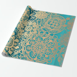 Papel De Presente Elegante Teal Green Dourado Padrão de Mandala