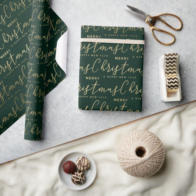 Papel De Presente Elegante Texto de Natal em Verde e Dourado (Artesanato)