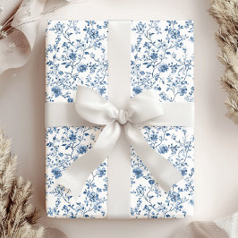 Papel De Presente Elegante Toile Botânica Floral Azul Branco Vintage