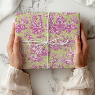 Papel De Presente Elegante Toile de Jouy Verde Rosa Vintage
