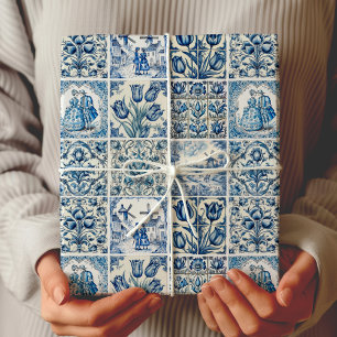 Papel De Presente Elegante Toile De Jouy Vintage Azul Branco Bonecas